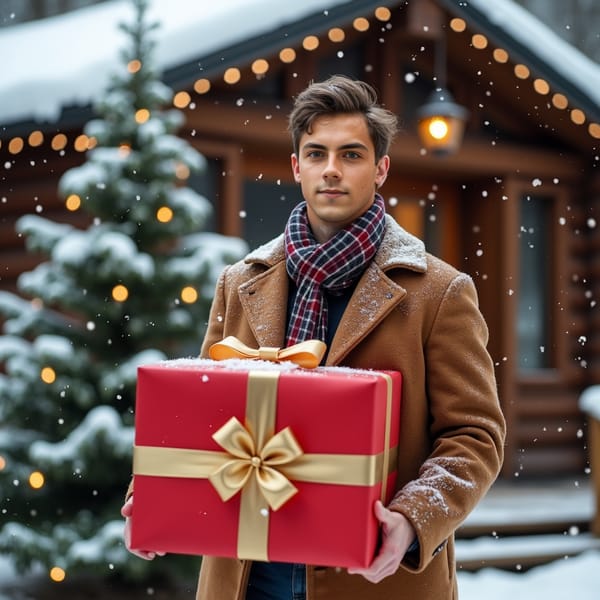 A man in a classic wool coat and plaid scarf stands outside a snow-covered cabin, holding a large gift box wrapped in red paper and a golden bow. Snowflakes fall around him as he smiles warmly.