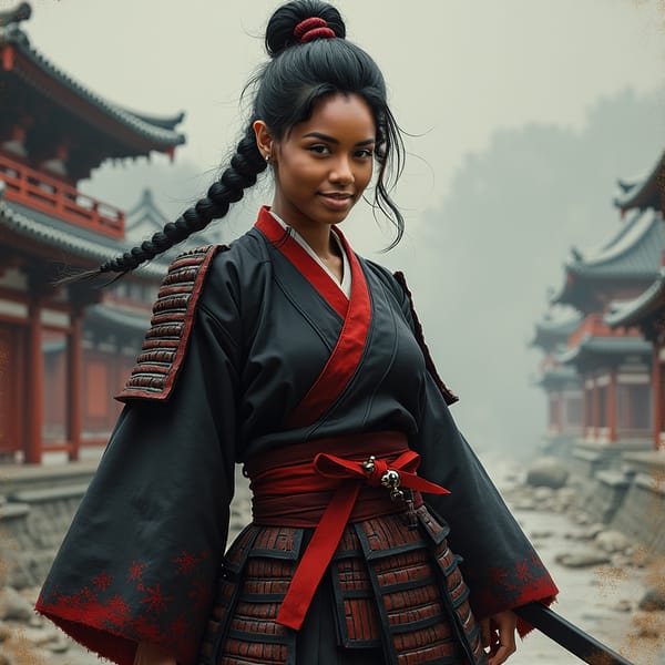 woman in traditional samurai attire, consisting of a hakama and kimono, with a bold, determined expression, sans helmet, posed in a powerful stance, surrounded by a misty, atmospheric background with subtle hints of Japanese architecture.