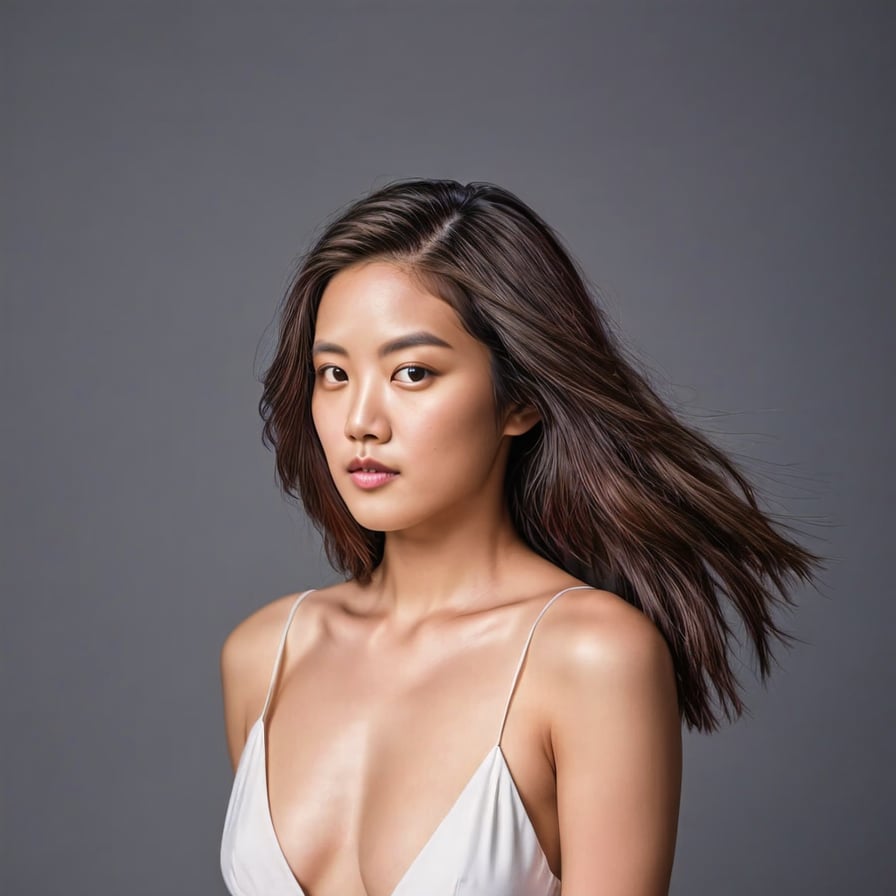 Woman in evening gown, dramatic lighting, sunset cityscape backdrop.