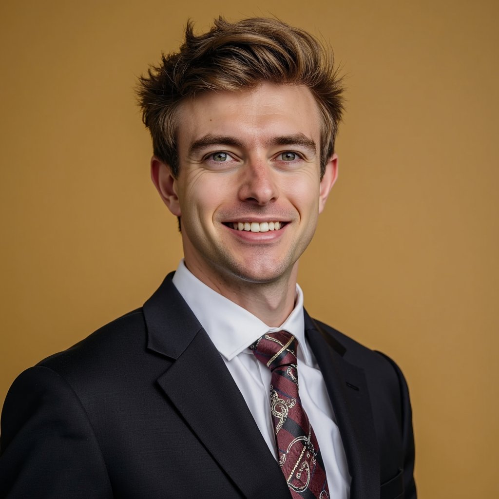 man wearing an impeccably tailored, luxurious formal suit and a complementary silk tie. The scene is set against a solid, high-contrast studio backdrop that makes the subject stand out dramatically. Photographed with professional studio lighting, HDR, creating a perfect balance of highlights and shadows that sculpt his facial features. The suit fabric shows subtle, intricate textures, and the silk tie has a delicate pattern. His hair is perfectly styled, and his expression is one of calm, confident professionalism. Hyper-detailed, sharp focus, stunning clarity.