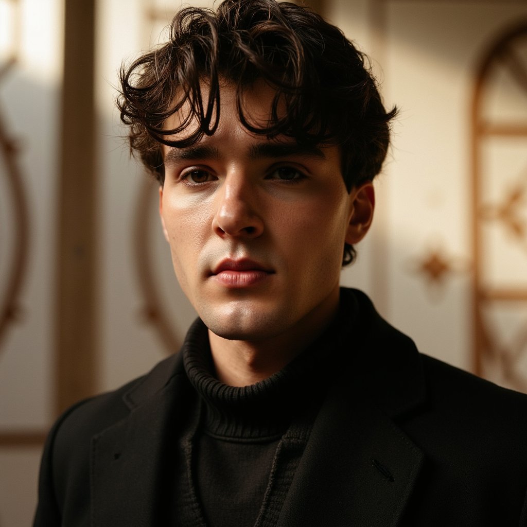 man in a dignified, traditional look, photographed in a serene and respectful setting. The lighting is soft and natural, with warm tones and subtle shadows enhancing his calm expression. The background includes minimal Islamic-inspired design elements like arches or calligraphy patterns, softly blurred. His presence feels composed and reverent. Hyper-detailed, high clarity, respectful tone, spiritual elegance