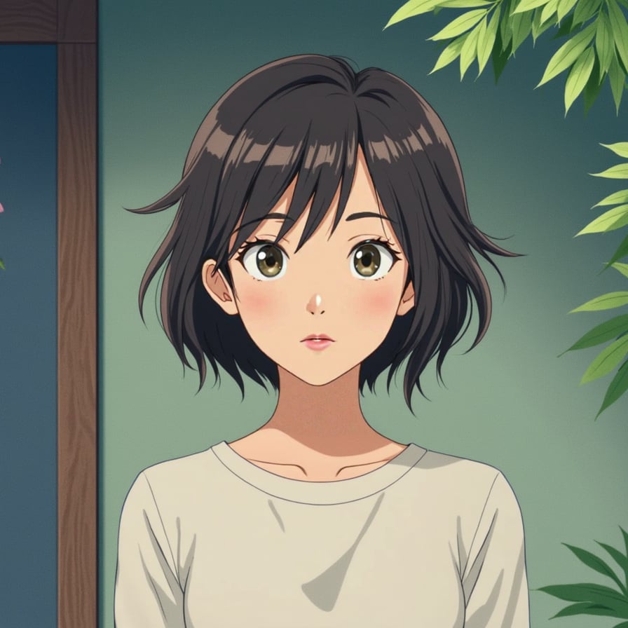 A woman depicted precisely as a character from one of Studio Ghibli's famous scenes, perfectly replicating the original animation style, mood, and details.
