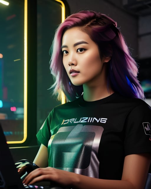 amazingly detailed, ultra hd, beautiful girl,(computer gamer), gaming computer, gaming chair,( playing cyberpunk 2077), ((neon bedroom))), ((streamer setup)) , cyberpunk theme, wild long hair, with pink streaks, high detail hair, ((smokey eye shadow)), high detail skin, high detail eyes, seductive eyes, smokey makeup, slender body, toned body, perfect face, slim athletic body, , (cold attitude, eyeshadow, eyeliner:1. 6) , tattoos, ruby nose stud piercing, (Vintage Samurai Retro Japanese Gaming 2077 Art Game Style T-Shirt) , vibrant colors, beautiful, dramatic lighting, shallow depth of field, Ultra-realistic, beautiful lighting, with lots of ((eye makeup)) with computers and neon lightening words in the background.((vibrant))