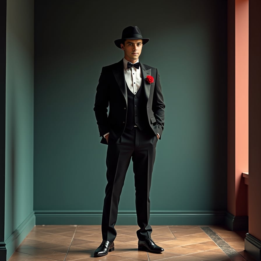 man dressed in a tailored, classic Godfather-inspired suit, wearing a fedora hat, adorned with a small, elegant red rose in his square pocket, standing against a dark, mysterious background with a grid-patterned floor, exuding an aura of sophistication and power.