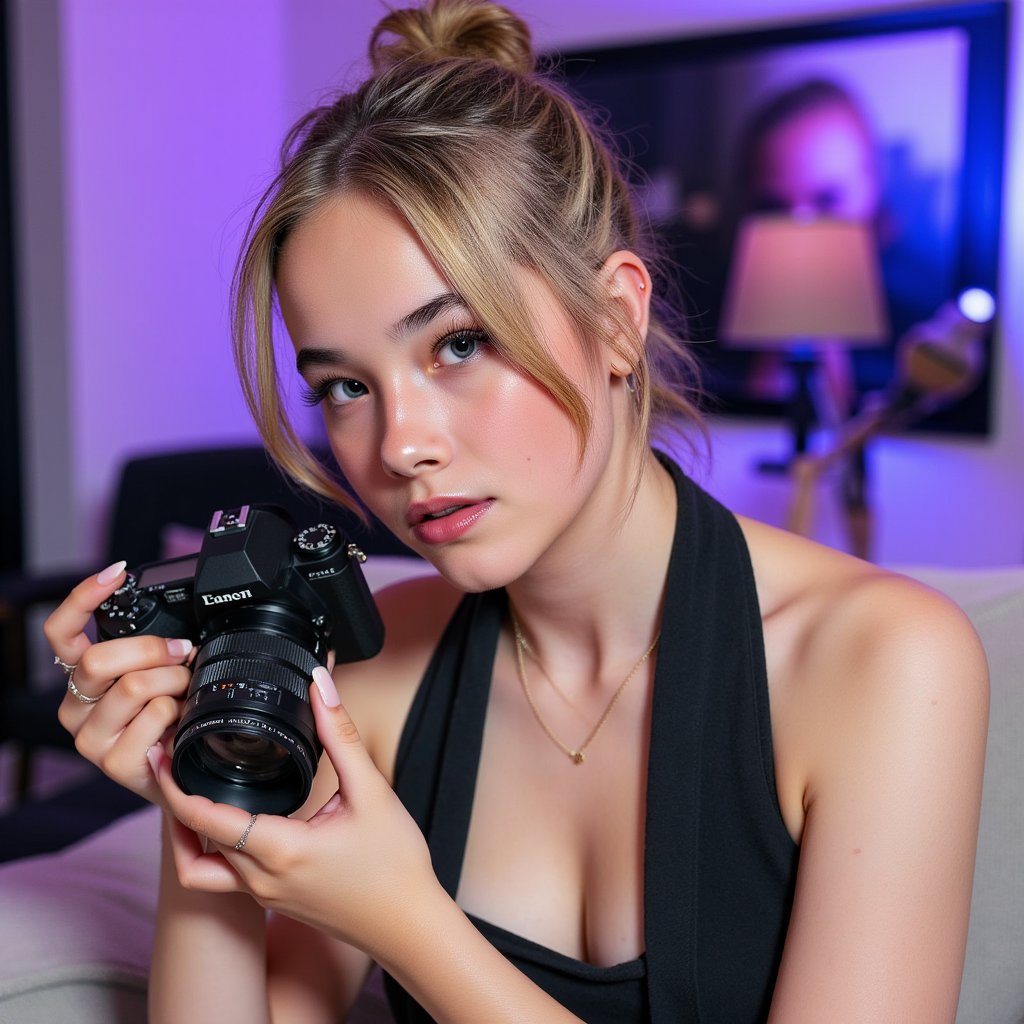 Bold close-up of a female photographer adjusting her lens, eyes focused, monochrome outfit, dramatic lighting setup, honoring World Photography Day creators
