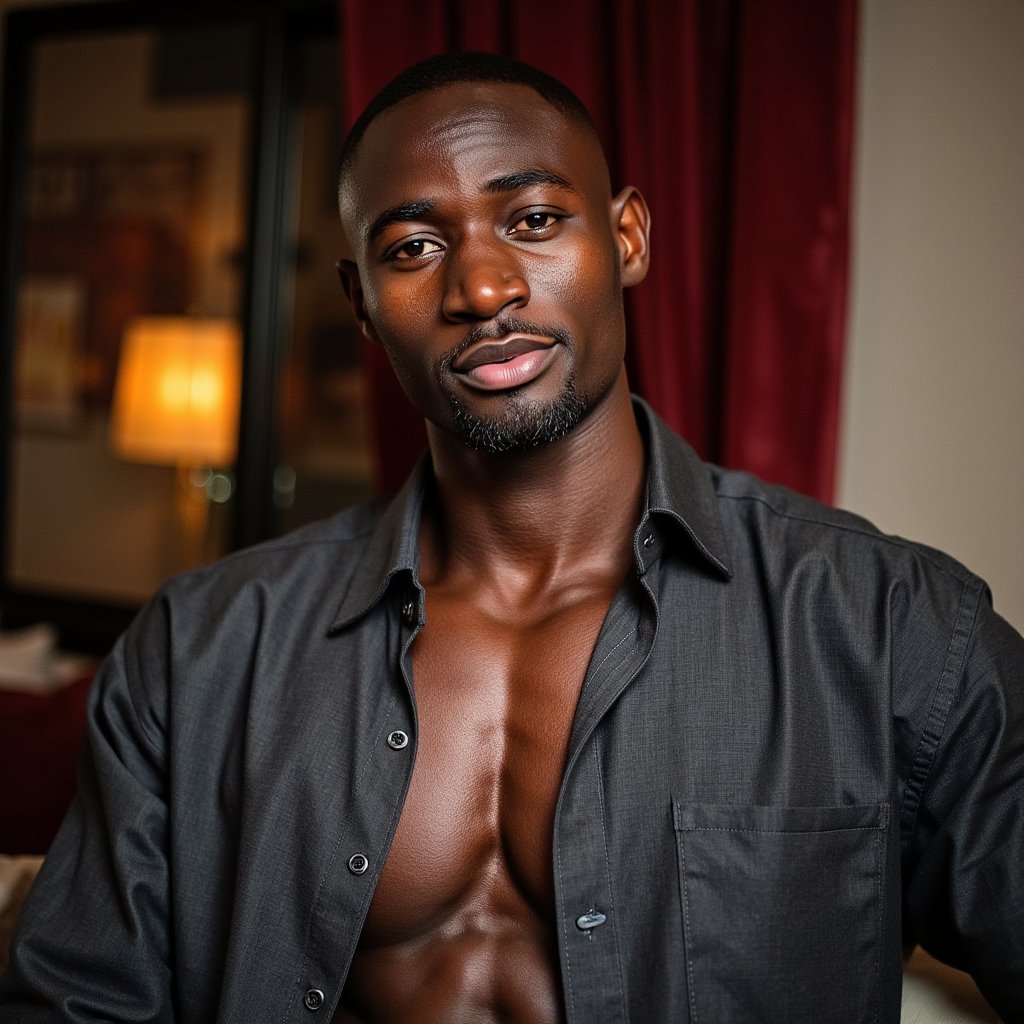 A highly detailed, highly realistic HDR waist-up portrait of a 28-year-old male creator in an undone charcoal button-down shirt, exposing part of his toned chest, sleeves casually rolled up. He leans against a rich velvet backdrop with one arm braced, head tilted slightly, lips curved in a subtle smirk. Captured at 50mm f/1.8, a dramatic spotlight from camera left sculpts his jawline and collarbones, while warm fill light softens his gaze. His eyes meet the camera with slow-burning confidence, embodying the intimate, premium OnlyFans vibe rather than a traditional fashion shoot.