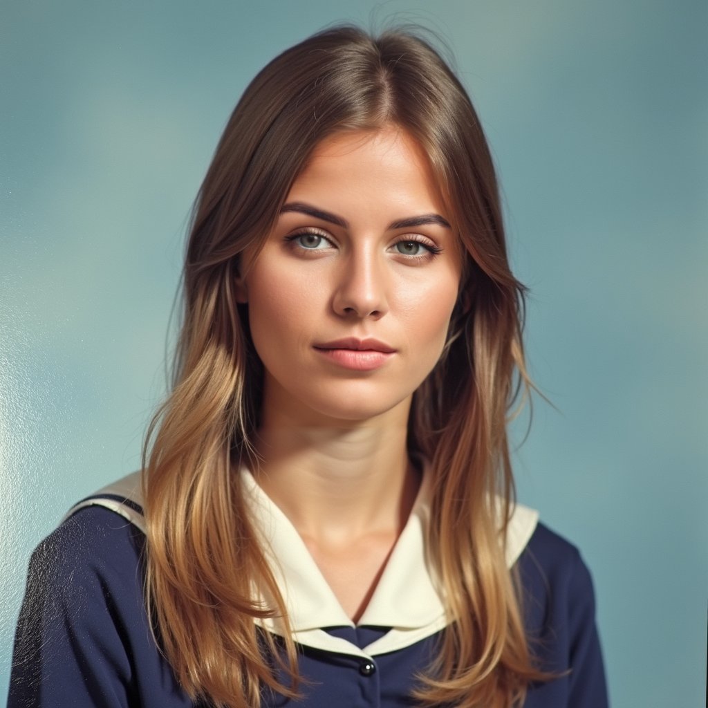 School dress, blue background, 1990s style, warm lighting.