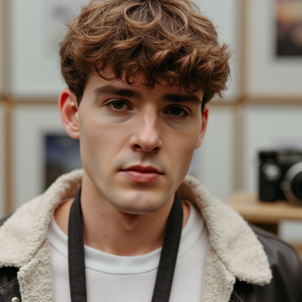 Professional creator look: male photographer with camera strap over shoulder, casual modern outfit, confident pose against neutral background