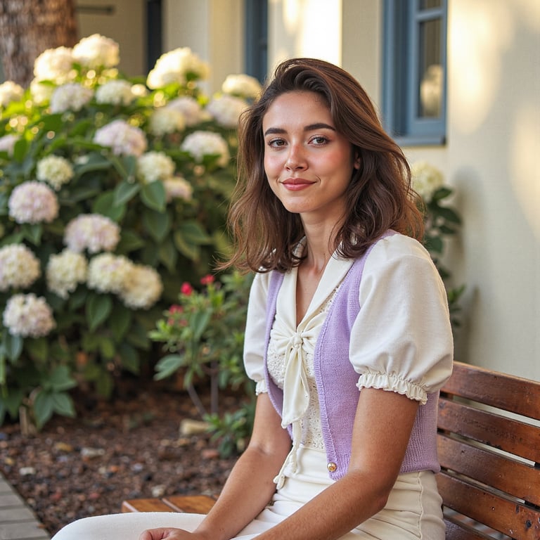 Highly detailed outdoor 1960s yearbook image of a girl seated on a wooden bench 