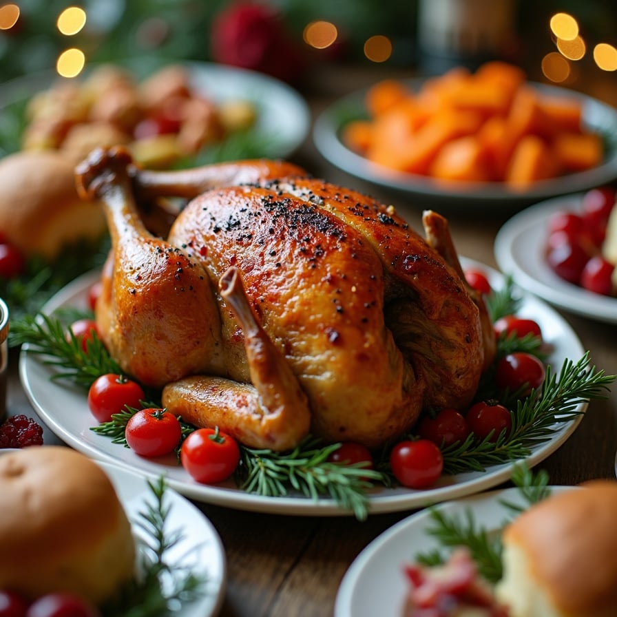 A close-up of a sumptuous Christmas feast: a beautifully roasted main dish at the center, surrounded by side plates of colorful vegetables, warm rolls, and a decadent dessert. Subtle twinkling lights in the background add festive warmth
