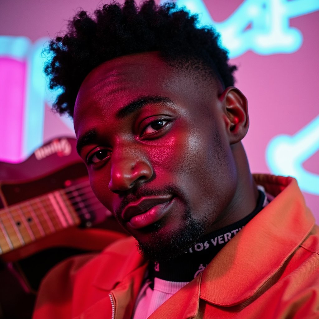 Side-profile headshot of a thoughtful musician with a guitar resting on shoulder, soft overhead spotlight, introspective vibe like a quiet rehearsal before going on stage