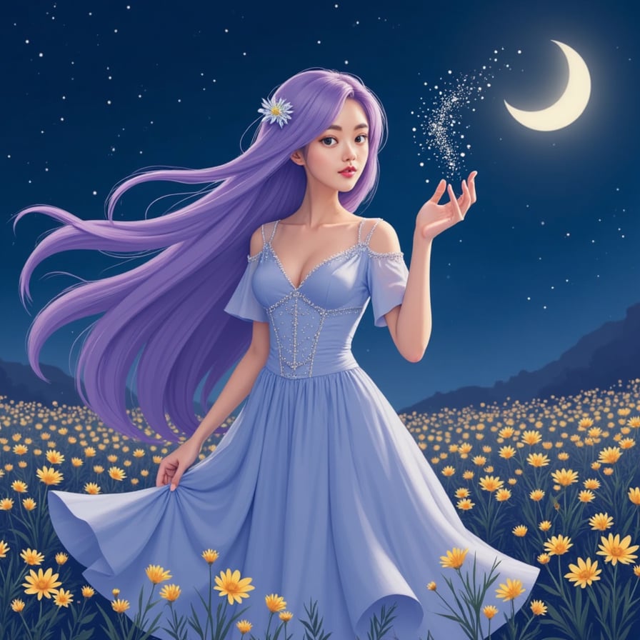 A mystical woman with long, flowing lavender hair, dressed in a gown that sparkles like the night sky. She stands in a field of glowing flowers under a crescent moon, gently spinning threads of stardust between her fingers.