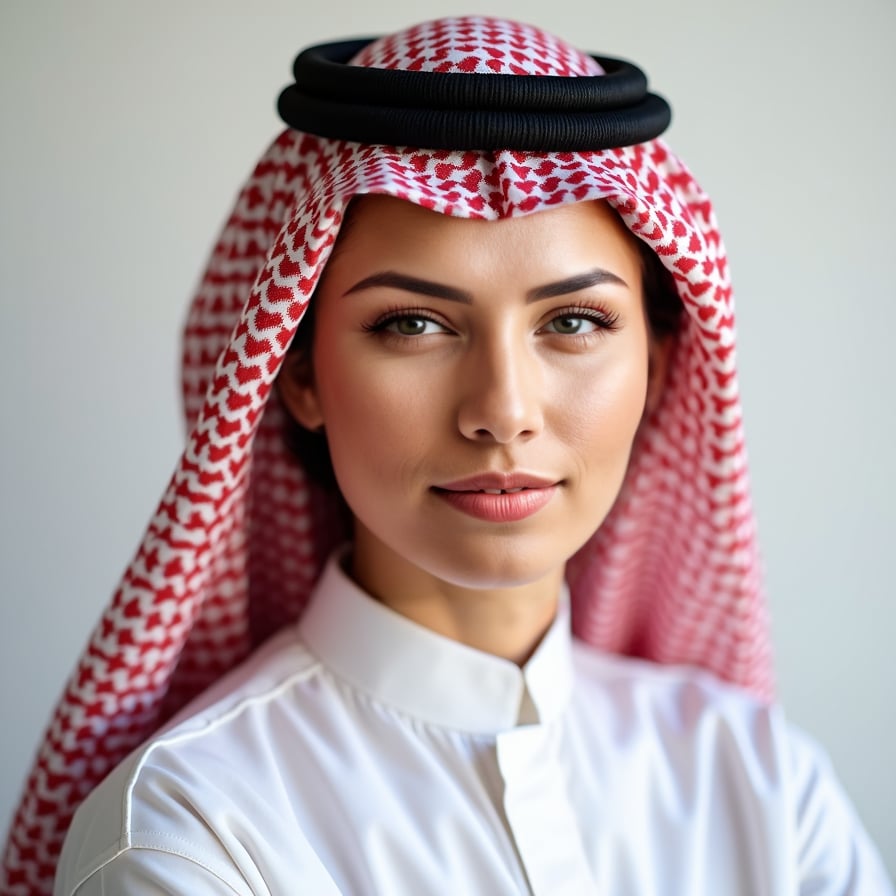 A passport-size photo of a person wearing a traditional thobe and keffiyeh, adhering to cultural norms. The background is plain and light-colored, with balanced lighting and no shadows. The individual is centered and has a neutral expression