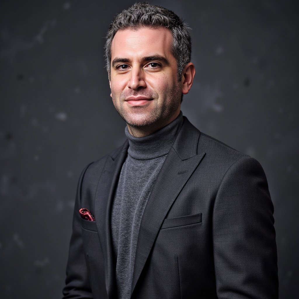man wearing a charcoal gray turtleneck sweater, with his chin slightly raised, exhibiting elegant and deliberate posture. The studio's soft, directional lighting sculpts his features, casting subtle shadows that highlight the contours of his face. The backdrop is a seamless, deep slate grey, providing a minimalist and sophisticated frame for the portrait.