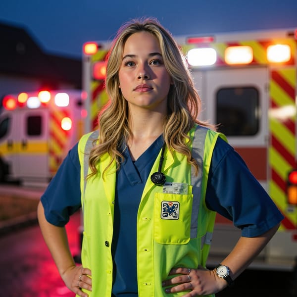 Highly detailed, highly realistic, HDR, 8k ER physician at ambulance bay at night; camera: 35mm, f/2.8, slight low angle; lighting: portable LED panel key + sodium-vapor rim; pose: hands on hips; attire: navy scrub set, high-visibility vest, ID badge; hair: short fade; facial detail: five-o’clock shadow with individual hair detail, visible skin texture under cool light, faint perspiration on upper lip, subtle vein pattern on temple, slightly narrowed eyes from wind; background: blurred ambulance lights bokeh, wet ground reflections.