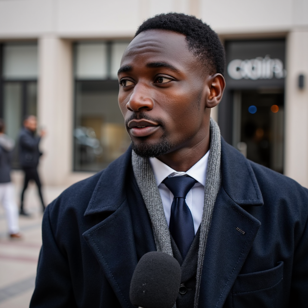 Highly realistic, highly detailed HDR image of a man journalist in a dark wool o