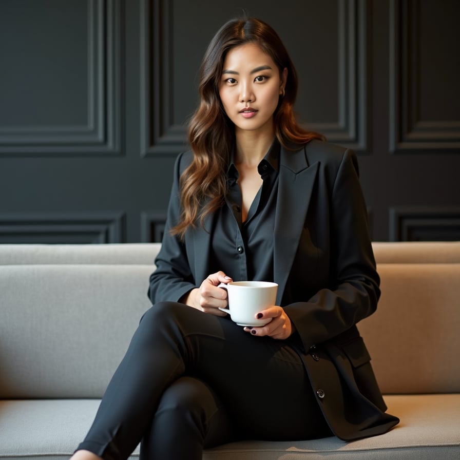 A professional woman sitting in a modern office lounge, wearing a smart casual outfit: a blazer over a silk blouse and fitted trousers. She holds a coffee cup in one hand, smiling warmly at the camera while crossing her legs elegantly