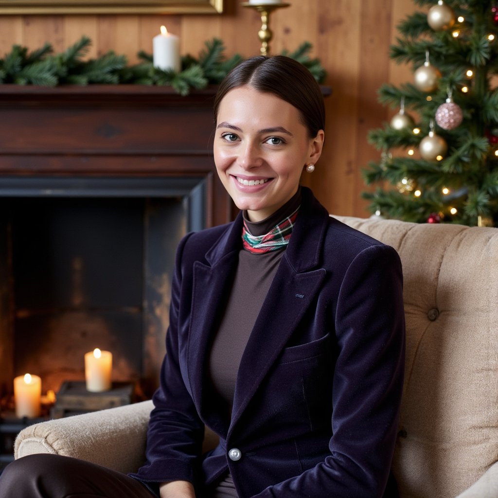 A poised woman seated ¾ to camera, head slightly tilted, soft smile. Hairstyle: sleek low chignon with a few face-framing strands. Attire: jewel-tone velvet blazer with peak lapels over a fine-gauge cashmere turtleneck; subtle tartan scarf tucked at the neck; small pearl studs. Fabric details: visible velvet pile, crisp wool twill in the scarf. Camera: eye-level, 85mm portrait, f/1.8 for creamy bokeh. Lighting: warm key from fireplace + gentle fill; candle bokeh highlights; slight rim from a hidden practical lamp. Background: mahogany-paneled library, brass candlesticks, crystal ornaments, evergreen garland—tastefully blurred, minimal clutter. Pose: relaxed shoulders, hands out of frame. Color mood: rich jewel tones, warm brass. Render: highly detailed, highly realistic, HDR; skin texture natural; minimal retouching.
