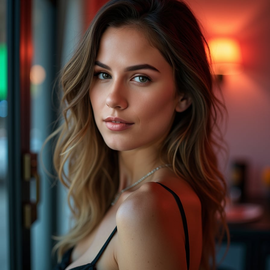 Create a captivating headshot of a woman with a playful yet professional energy. She is styled in trendy yet elegant attire, her expression engaging and inviting, against a vibrant or minimalistic backdrop. The image should reflect confidence and intrigue, perfect for boosting social media presence