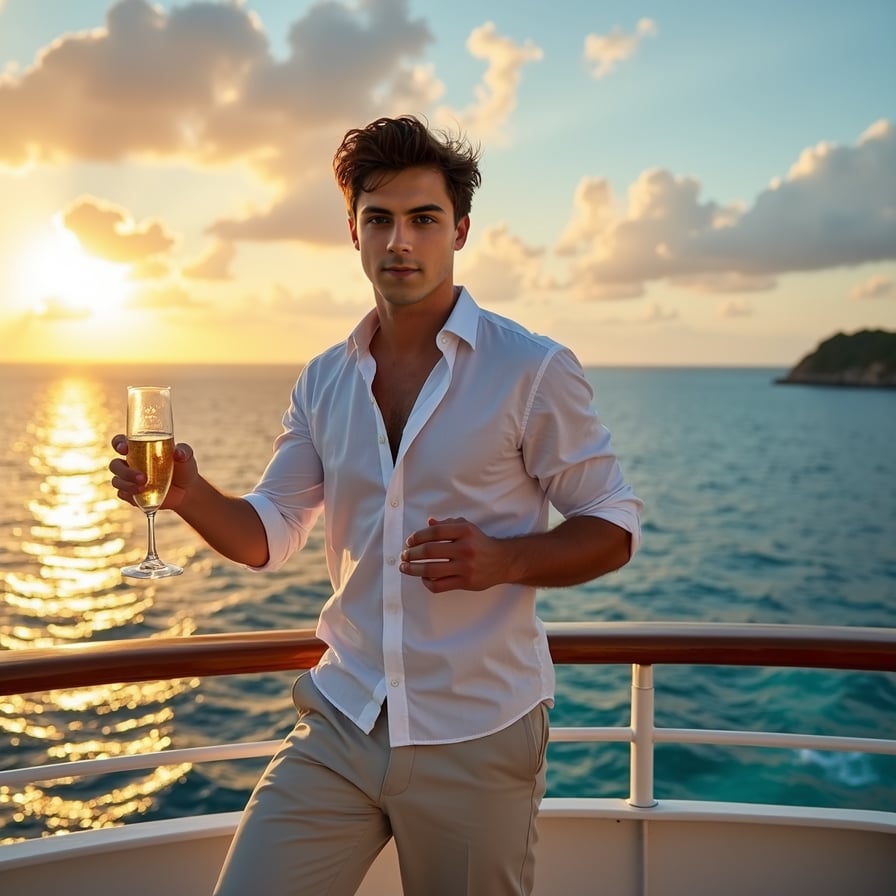 Fitness on Deck: The model is in activewear, engaged in a workout session on the ship’s sports deck or fitness center. he’s performing an exercise or stretching with the ocean in the background, showcasing a blend of fitness and luxury.