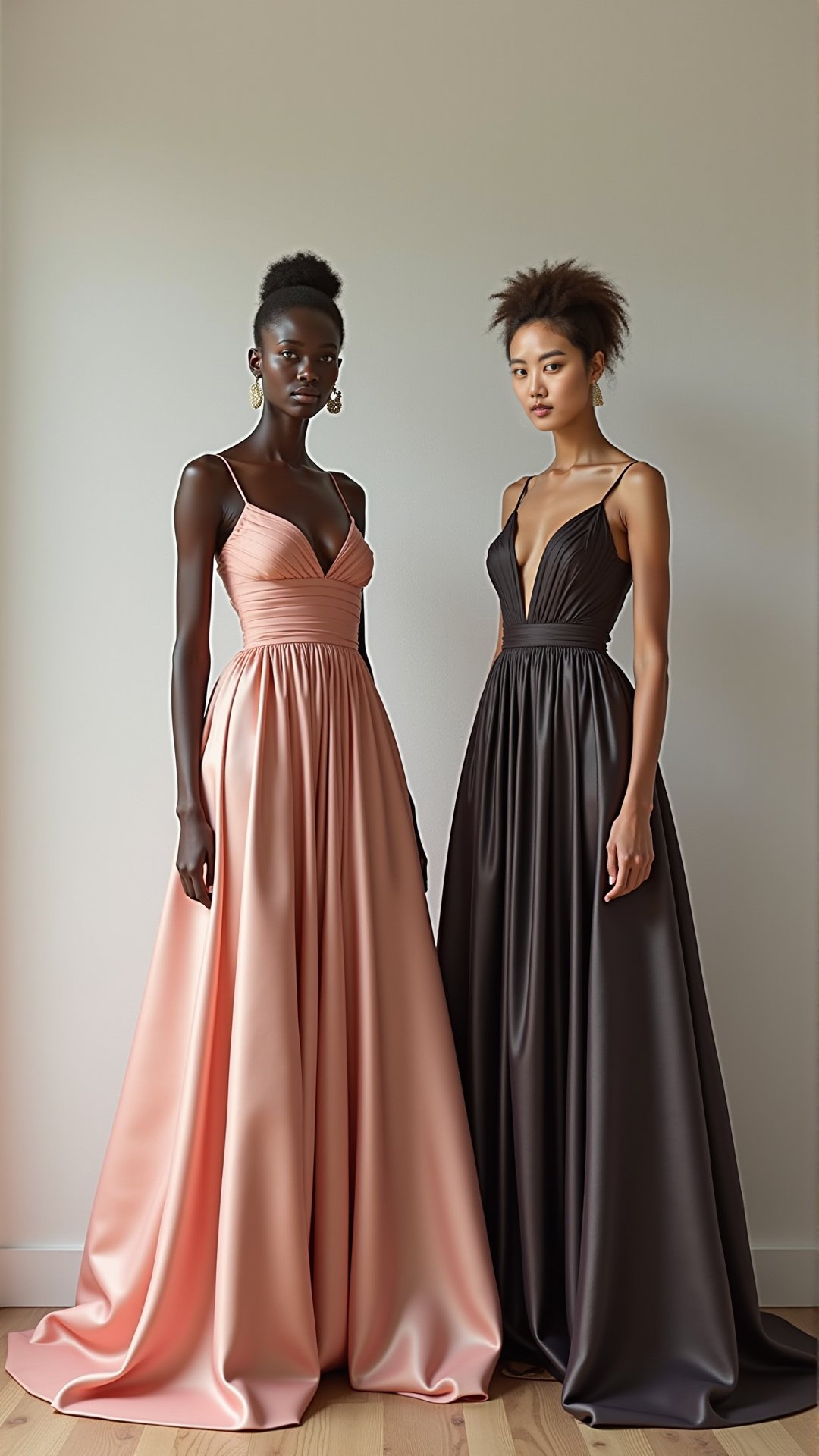 Stunning woman, multi-colored gown, plain wall, professional shot.