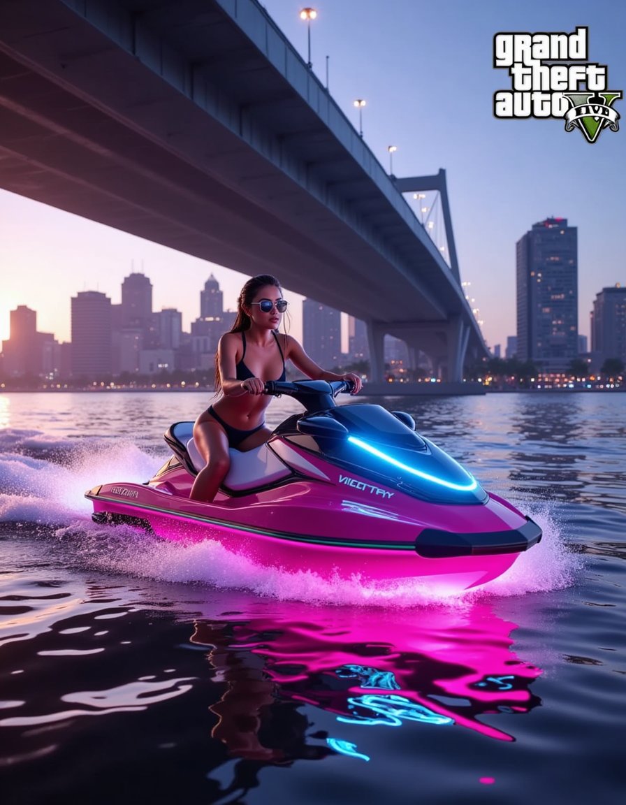 A neon-lit "GTA 6" logo glows vibrantly against a dark, urban backdrop, reminiscent of a video game-inspired cityscape at dusk. The logo's sleek, modern font radiates bright pink and blue neon hues, casting subtle reflections on the wet asphalt below. Soft, diffused light from nearby skyscrapers softly illuminates the surrounding concrete, with a distant highway visible through a misty haze, capturing the essence of a futuristic metropolis. The overall composition focuses on the logo's vivid details and textures, blending seamlessly into a photorealistic city environment.