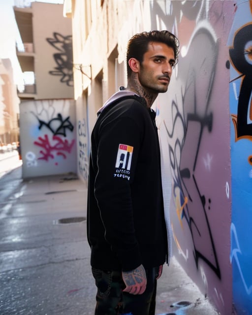 Handsome street punk, graffiti alley, detailed, hyper-realistic setting.
