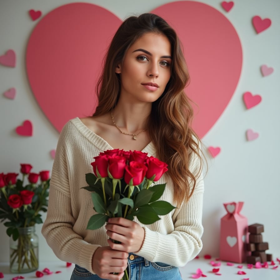 Model holding a bouquet of roses, smiling in front of a heart-shaped backdrop with Valentine's Day decorations like chocolates and rose petals.