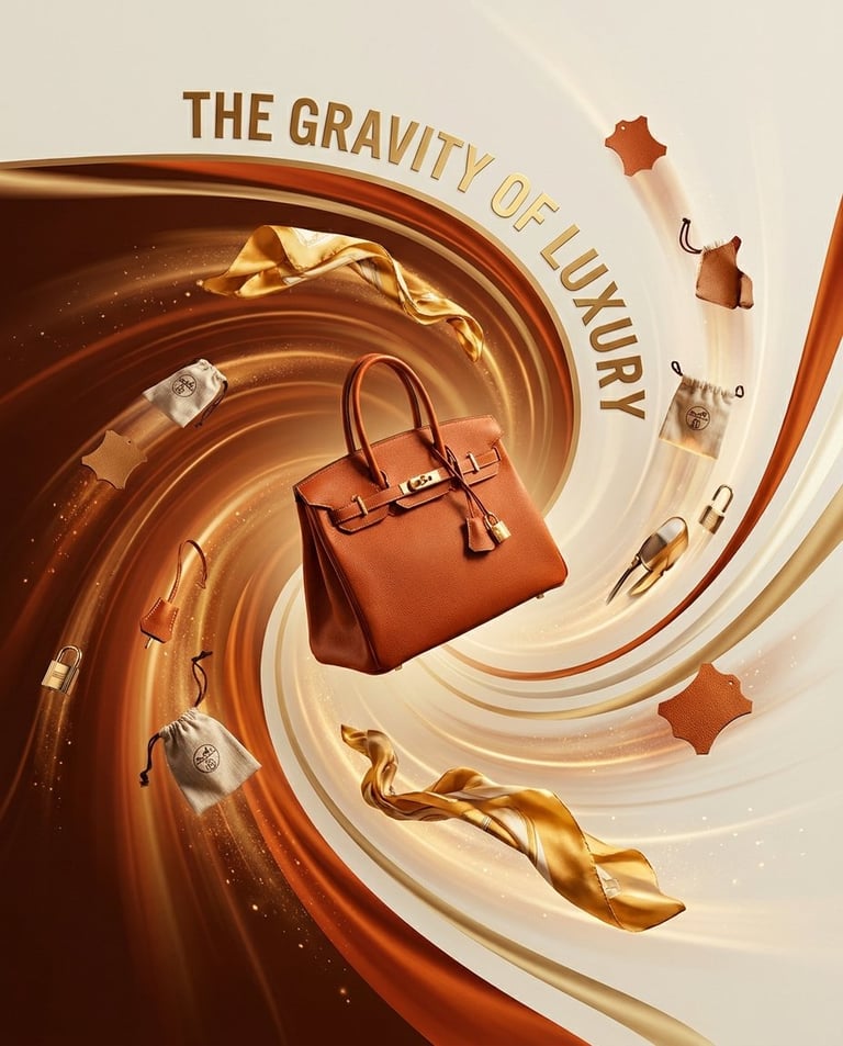 Create a premium 4:5 PRODUCT HAS GRAVITY advertising poster for [Birkin bag] on 