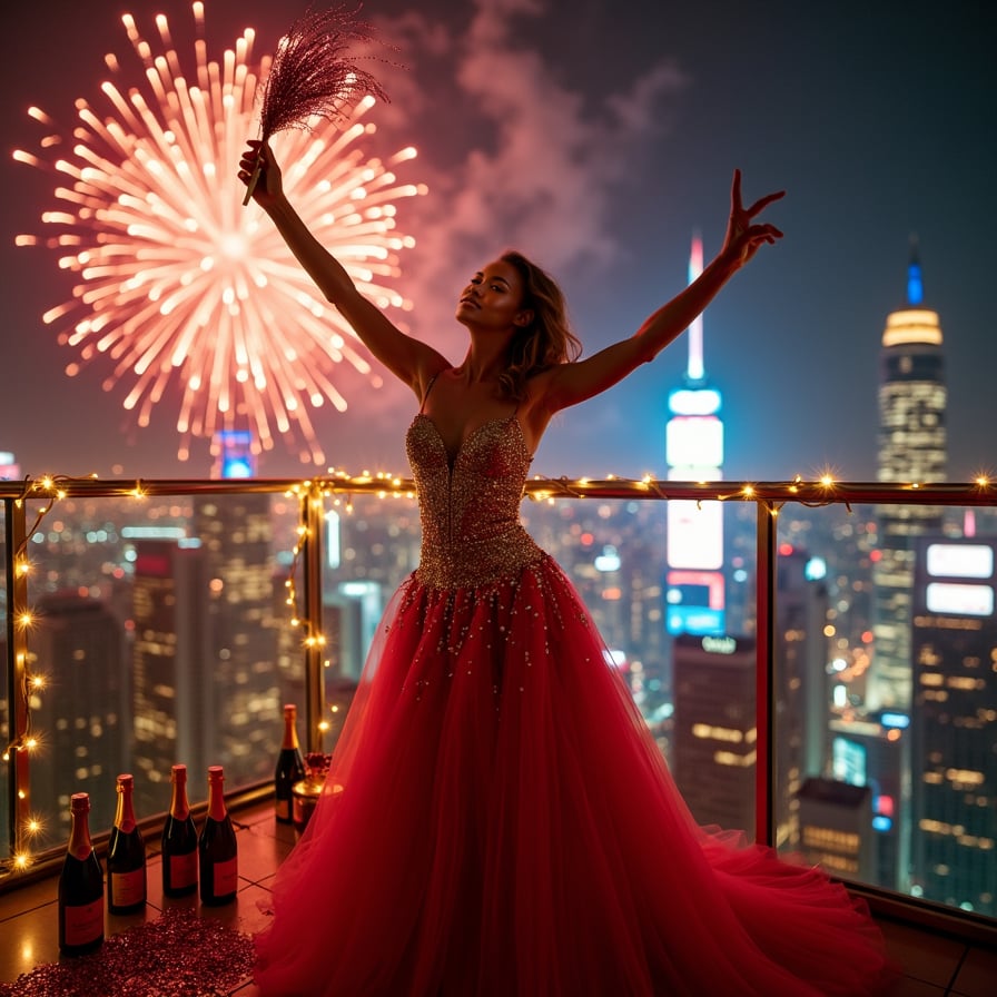 woman in glamorous, floor-length party dress, sparkling sequins and tulle, bold and vibrant in shades of red, gold, and silver, throwing arms up in excitement and joy, holding a noisemaker in one hand, standing on a balcony, against a backdrop of a night sky filled with exploding fireworks, colorful and dynamic, with flashes of light and smoke, capturing the essence of celebration, magic, and new beginnings.