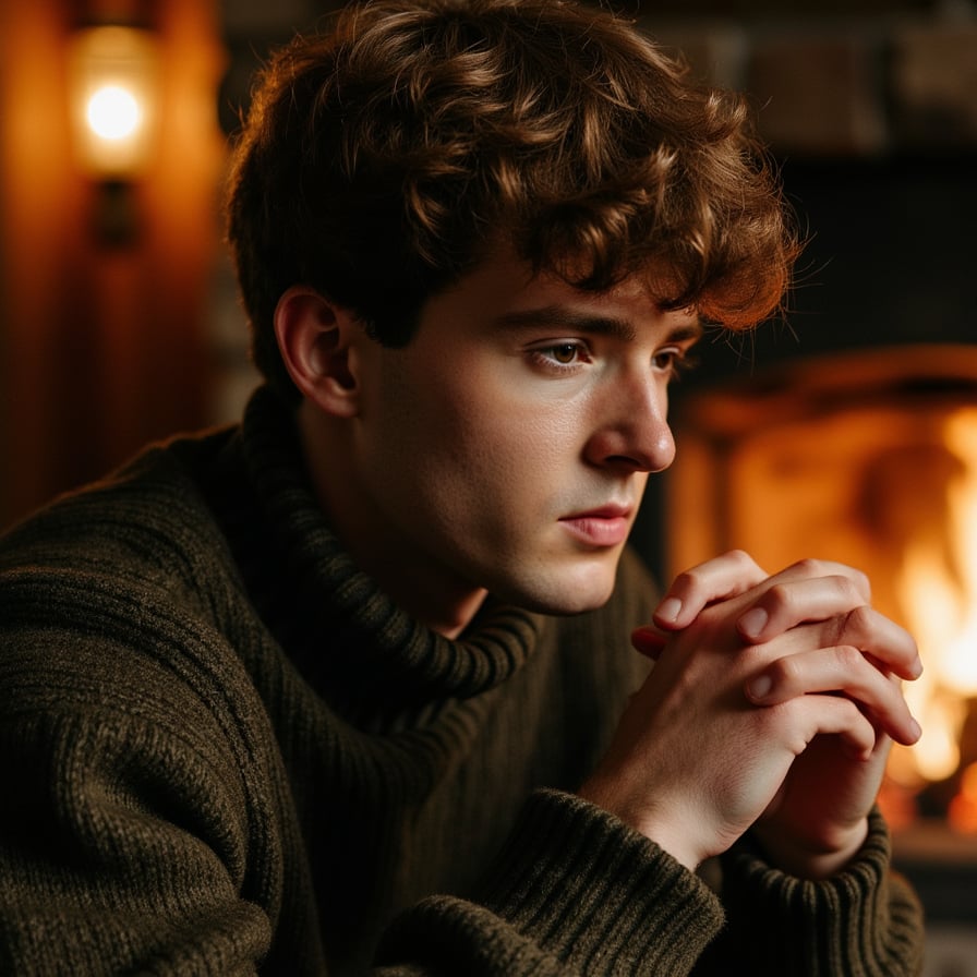 Hyperrealistic, highly detailed, HDR waist-up portrait of a man (male, ~35 yrs) sitting near a glowing fireplace in a dimly lit cabin interior. Camera slightly above eye level (~10° down). He wears a dark olive knit sweater with thick ribbed cuffs and visible wool fibers, sleeves loosely folded at wrists. His elbows rest lightly on knees, hands loosely clasped. Firelight reflects softly in his eyes, adding amber glow to facial contours. Background blurred but warm — faint flicker of flames and texture of brick hearth. Visible details: skin pores, faint stubble, sweater fibers, reflected light gradients on face. The mood: introspective Thanksgiving evening. HDR, high resolution, high quality, highly detailed, photorealistic.