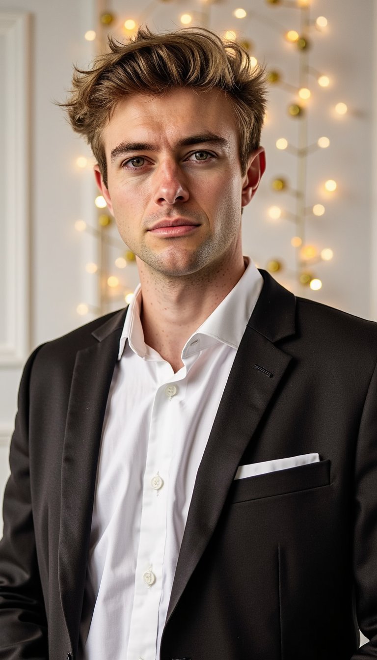 A realistic waist-up portrait of a man in a stylish New Year blazer, neutral festive background with golden confetti accents, balanced studio-style lighting, calm confident expression, clean framing designed for AI generated New Year cards, high resolution, highly detailed