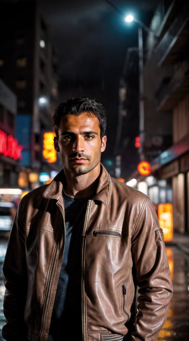 Rugged man, cybernetic implants, neon-lit cyberpunk cityscape, intense gaze.