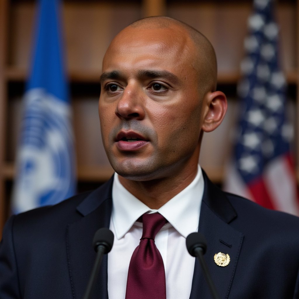 Medium shot, 50 mm f/2.0. Man in early 50s, dark skin, closely shaved head. Dark navy suit, white shirt, UN pin on lapel. Speaking into microphones with serious expression. Lighting: bright stage lights. Background: blurred UN emblem.