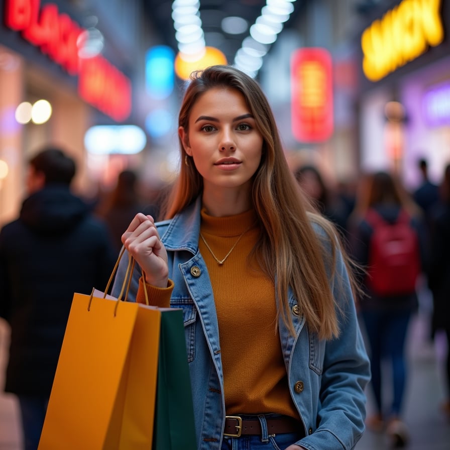 A young woman with a big smile, holding a shopping bag and standing in front of a bright, neon-lit Black Friday sale background
