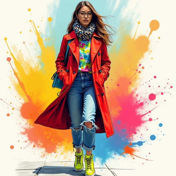 A fashionable young woman walking down the street, her outfit a bold mix of vibrant colors and patterns. She wears a bright red trench coat, neon yellow sneakers, and a patterned scarf, each element of her outfit standing out against the minimalist background. The sketch is fully coloured and uses sharp, angular lines to outline her figure, with exaggerated proportions and playful details like oversized sunglasses. The background fades into abstract splashes of color