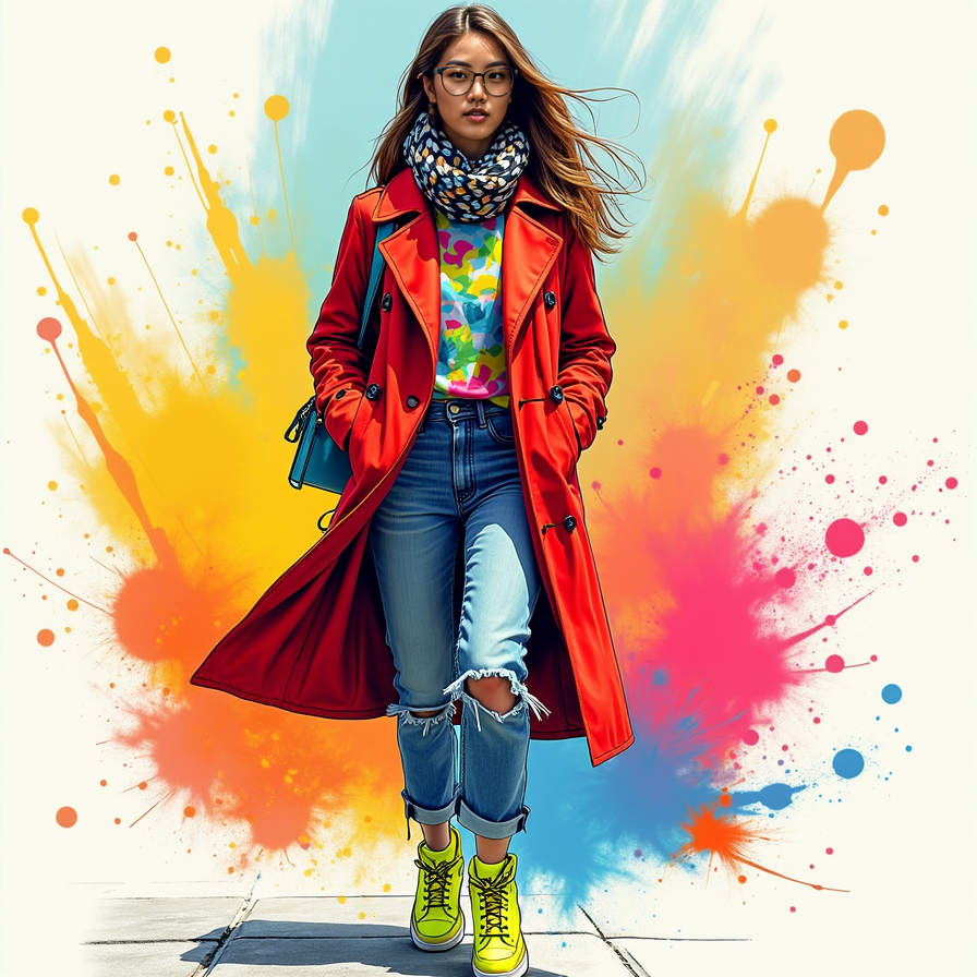 A fashionable young woman walking down the street, her outfit a bold mix of vibr