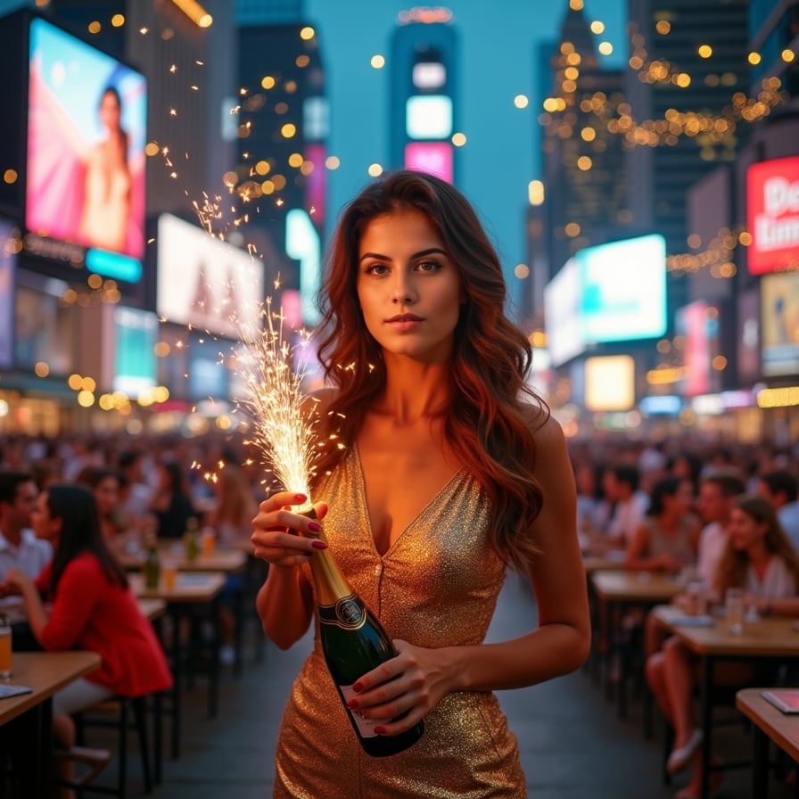 A woman stands confidently in the center of the frame, looking directly at the camera and laughing joyfully. She holds a party popper ready to burst as the countdown hits zero, her chic dress and glowing party backdrop embodying the celebratory vibe