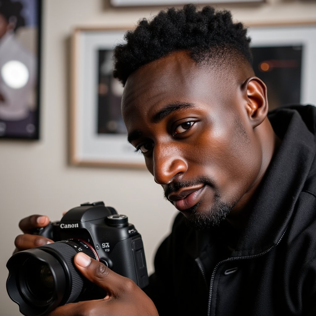 Professional-looking portrait of a male photographer adjusting camera settings, side profile, shallow depth of field, modern creator look