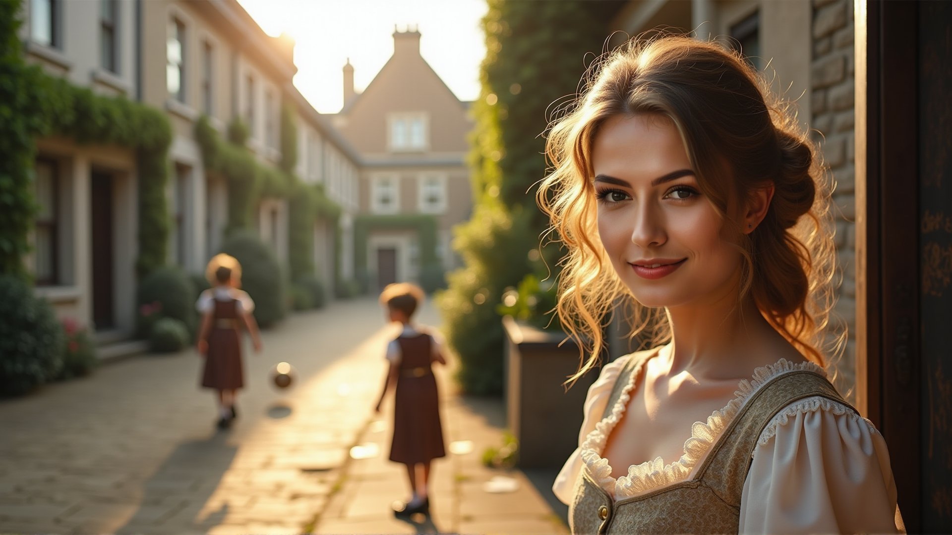 girl with wistful expression, adorned in intricately detailed Victorian-era clothing, lost in thought, gazing into the distance, positioned on the right side of the frame, surrounded by traditional British-era buildings with ivy-covered facades and ornate details, kids playing football in the background with a weathered old ball, warm sunlight casting a nostalgic, golden glow with hints of orange and yellow, softening the scene.