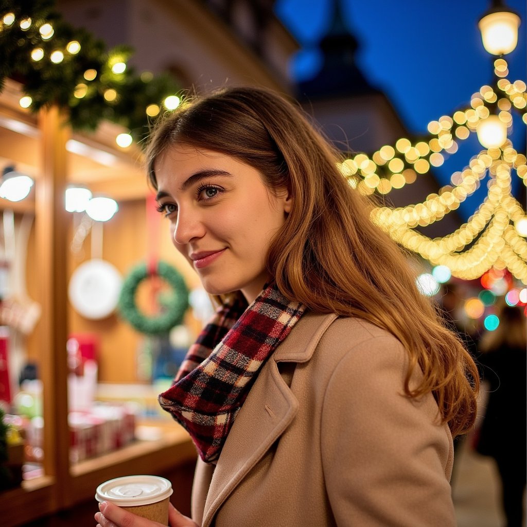 close up of a woman walking through a festive outdoor christmas market at night. she wears a warm wool coat with a plaid scarf, holding a paper cup of hot cocoa in one hand. twinkling string lights hang above, glowing softly in the blurred background. her breath is faintly visible in the cold air as she smiles gently, caught mid-step with a relaxed, natural posture. behind her, decorated stalls sell ornaments and wreaths, bathed in a warm golden light that contrasts with the cool blue of the winter evening sky. cinematic handheld composition, shallow depth of field, ultra-detailed fabric textures, hair illuminated by light bokeh, highly realistic, hdr.