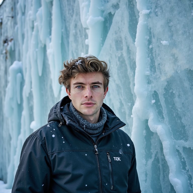 “male portrait, waist-up, standing before a massive vertical ice sheet with natu