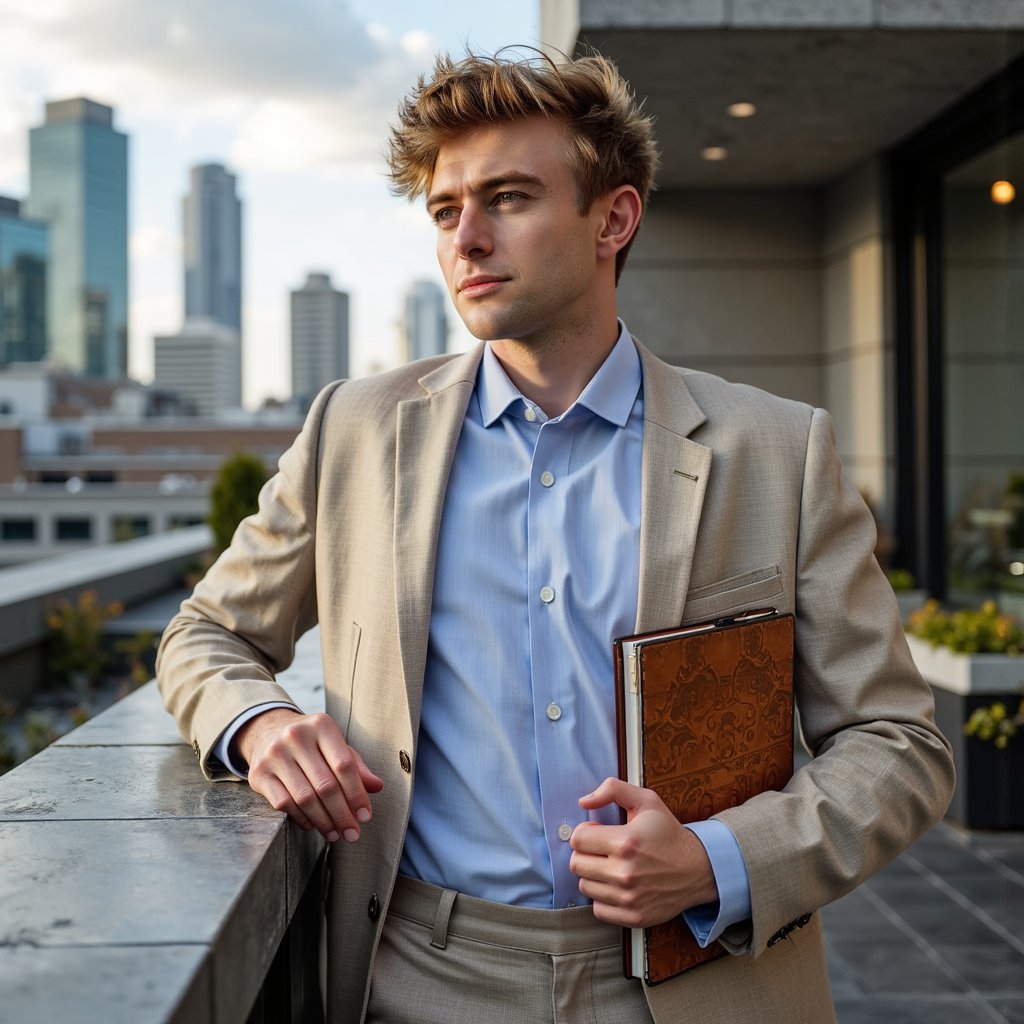 Highly realistic HDR environmental portrait of a man architect on a rooftop terrace; beige linen blazer, light blue shirt open at collar; textured sketchbook tucked under arm. Camera: 35mm lens, f/3.5, ISO 200, waist-up, low upward angle capturing skyline behind. Lighting: golden-hour sunlight from behind creates rim on hair and blazer edges, soft fill reflector from front; long directional shadows. Pose: one hand resting on terrace railing, gaze slightly off-camera, contemplative. Background: blurred glass towers and soft clouds, minimal clutter