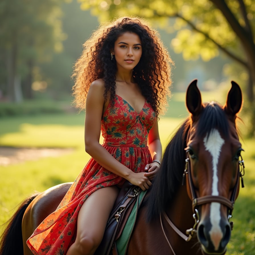 woman in elegant riding attire, long curly hair flowing in the wind, sitting confidently on a majestic horse, set against a serene countryside or rustic farm background with warm sunlight filtering through the trees.