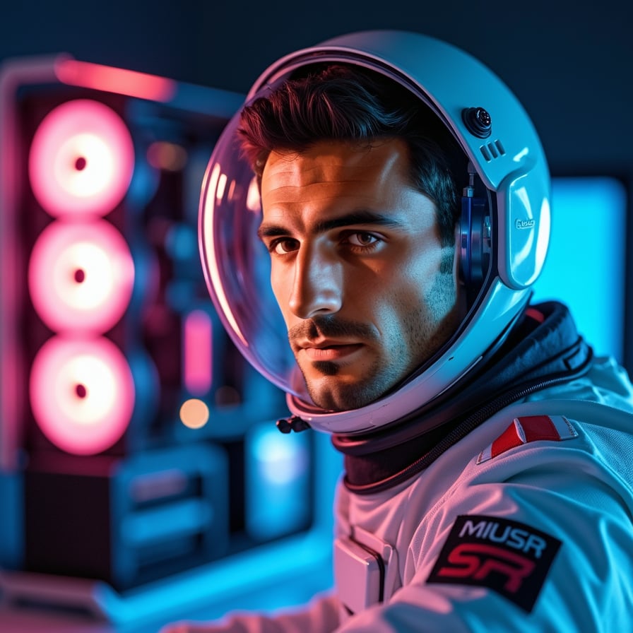 Futuristic spacesuit, cosmic lights, wormhole, otherworldly ambiance.