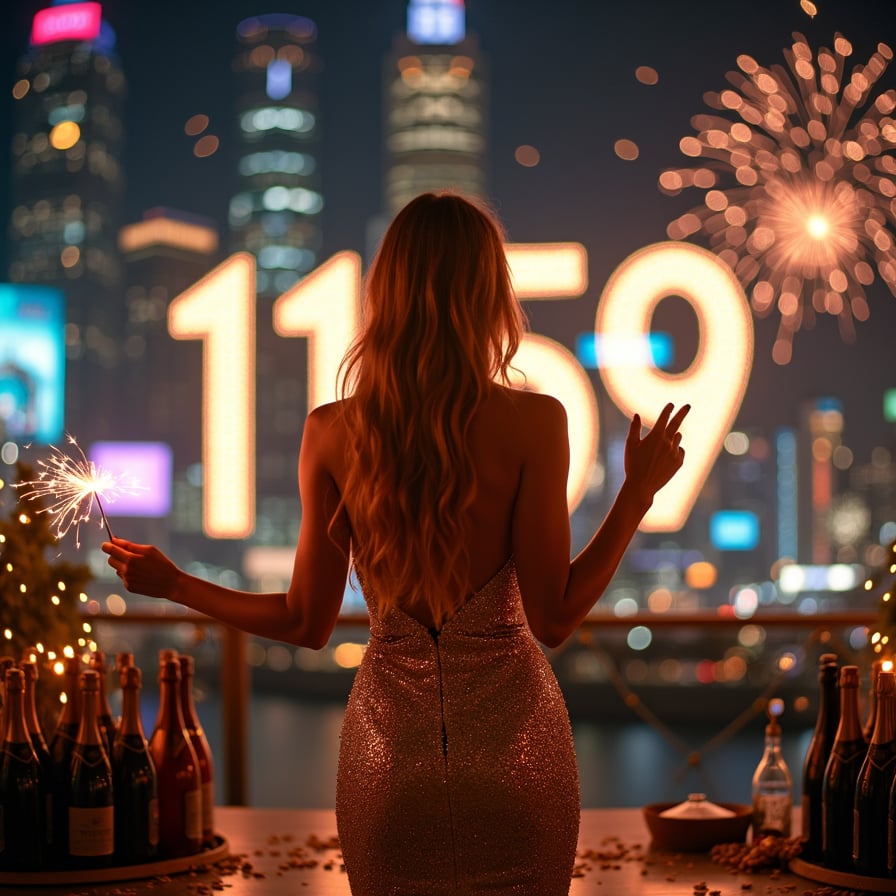 A woman stands facing the camera, holding a sparkler in one hand and gesturing excitedly with the other as the countdown reaches its final seconds. She’s wearing a glittering evening gown, and the background is filled with confetti, glowing string lights, and a large digital clock showing ‘11:59
