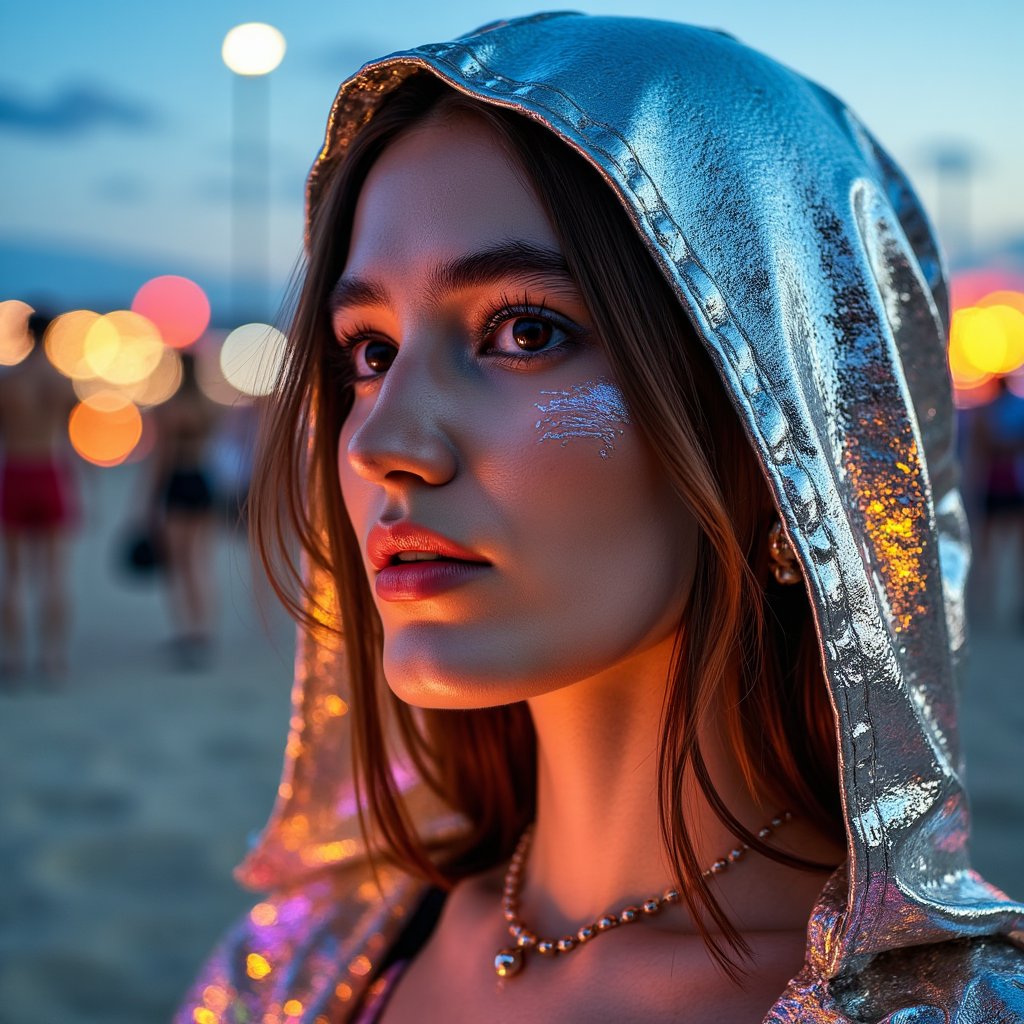 Headshot of a serene woman bathed in neon light, wearing a metallic hood and tribal markings, desert night ambiance, captured at Burning Man 2025