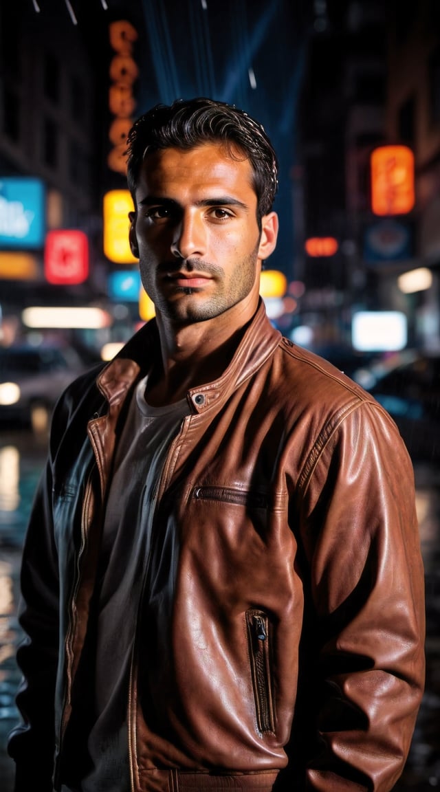 Rugged man, cybernetic implants, neon-lit cyberpunk cityscape, intense gaze.