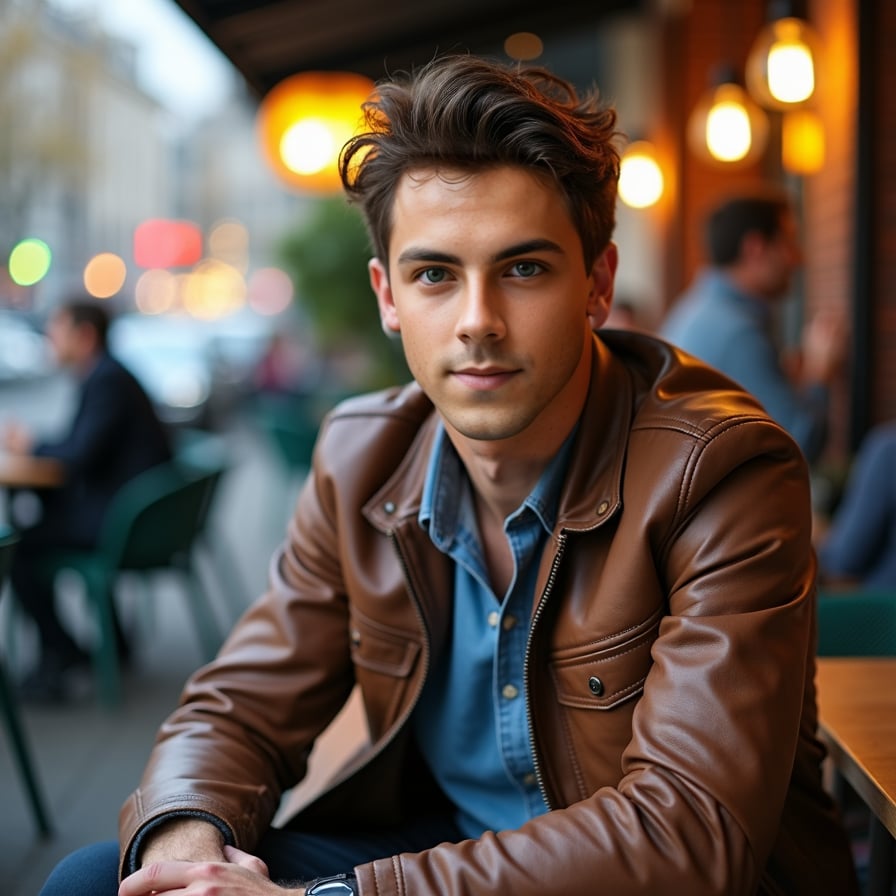 man in a relaxed social setting, such as sitting on a bench or leaning against a railing. He has a confident smile or a thoughtful expression, dressed in trendy casual wear like a leather jacket or denim shirt. The lighting adds warmth and highlights his natural appeal
