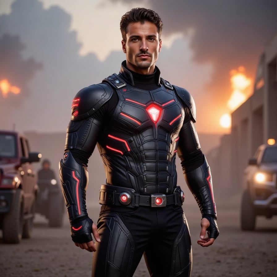 A mid-action portrait of a tech-enhanced superhero in dark grey armor with glowing red symbols, futuristic battlefield behind, cinematic lighting and camera angle, intense expression